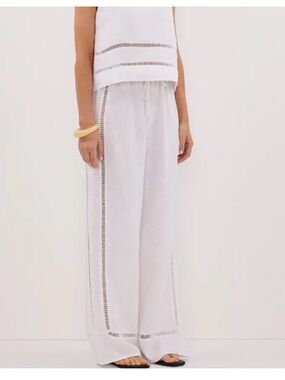 DISSH White Linen Wide-Leg Eyelet-Trim Pants